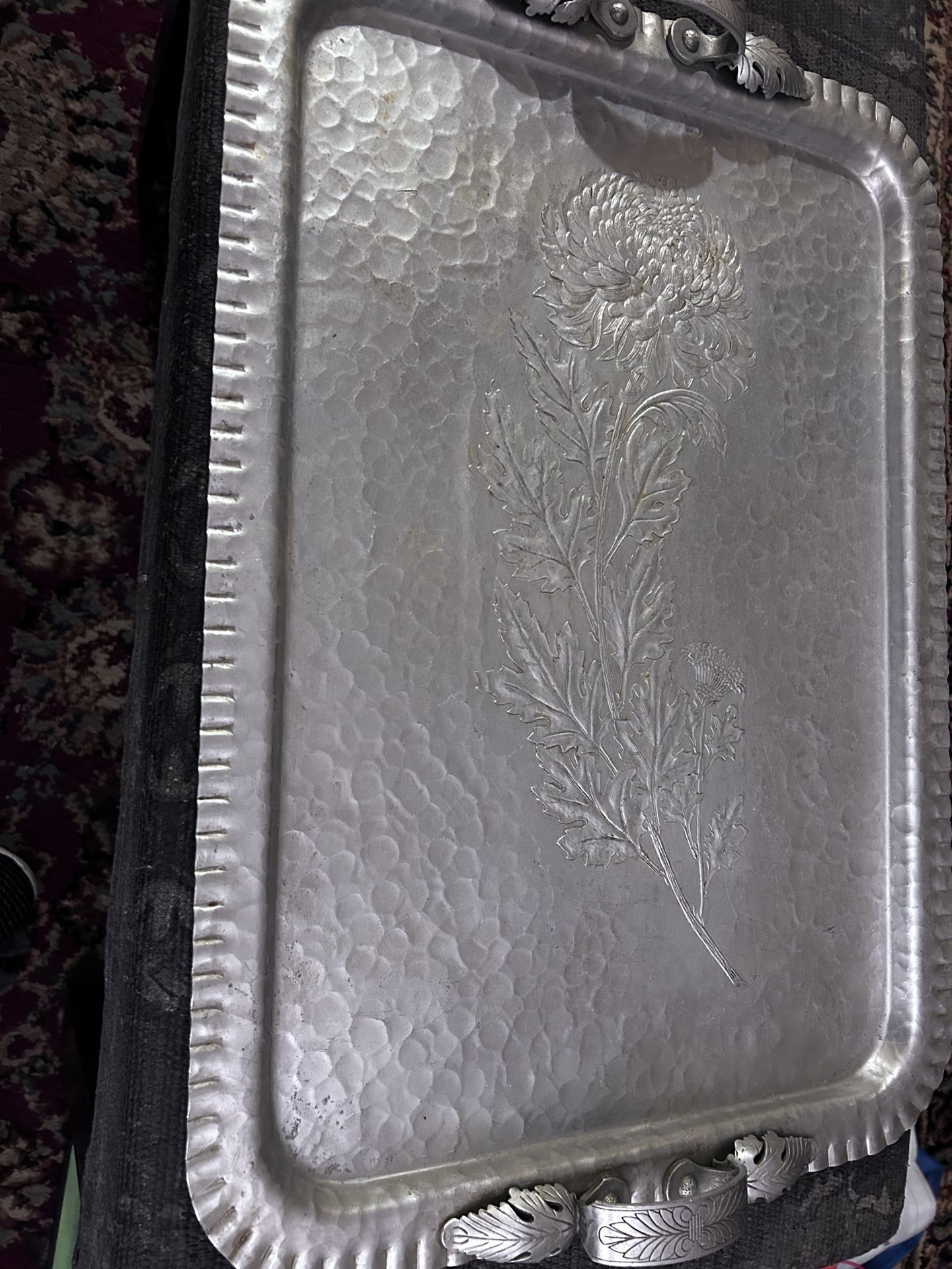 Vintage Aluminum tray, Continental hand wrought, hammered aluminum tray 20.5x14.75”