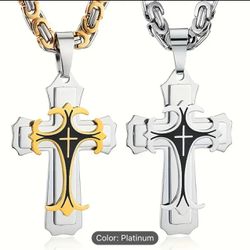 Men's Vintage Flat Handmade Necklace With Multilayer Chain, 18 K Gold Plated Stainless Steel Cross Pendant Necklace Jewelry