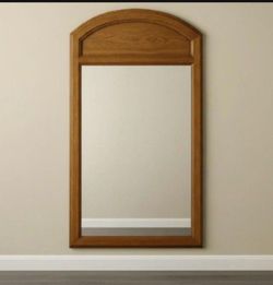 VINTAGE SOLID OAK MIRROR, 49”X28”, BEAUTIFUL ARCHED FRAME WITH WARM OAK TONES.