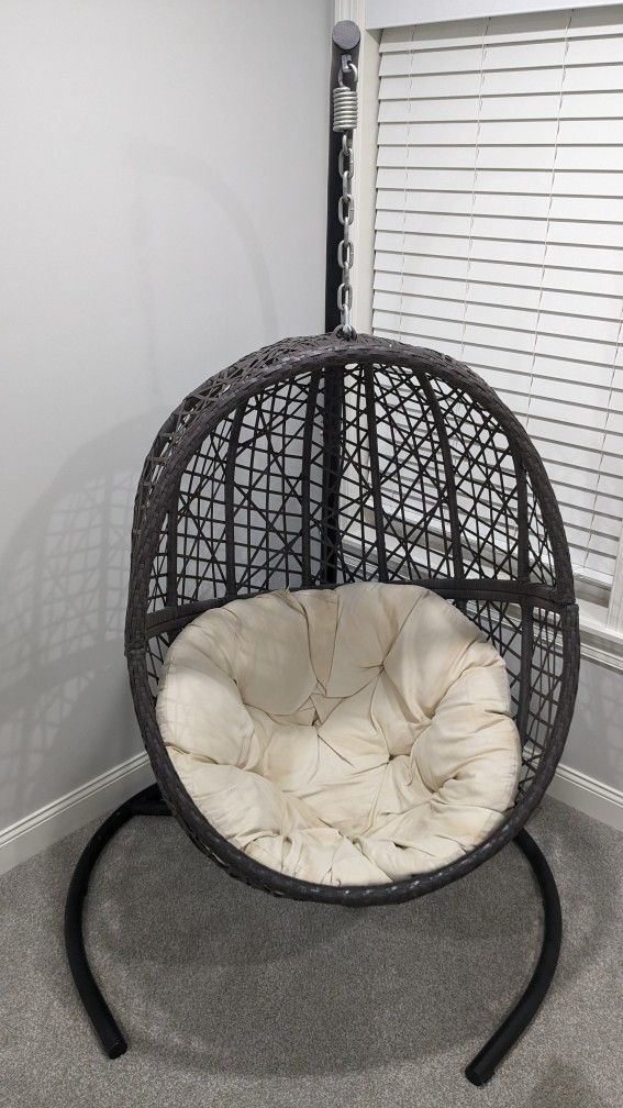 MUST-GO: Resin Wicker Hanging Egg Chair Outdoor Patio Furniture with Cushion and Stand, Steel Frame, Espresso