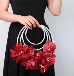 1pc Artificial Red Orchid Hand Flower Multi-Layer Pearl Hoop Ring Bridal Wedding Holding Bouquet Ceremony Photo Props