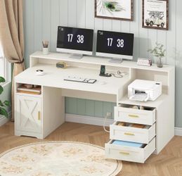 65'' Home Office Desk with Power Outlets, Storage Cabinet and Printer Stand, Study Writing Desks with Long Monitor Stand, White