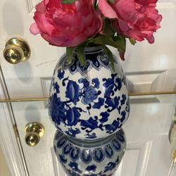 Blue And White Vase With artificial flowers