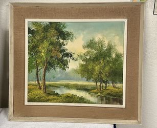 Vintage Framed Oil Painting - Riverside Landscape