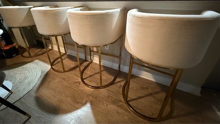 Set of 4 Cream Upholstered Bar Stools Gold Base