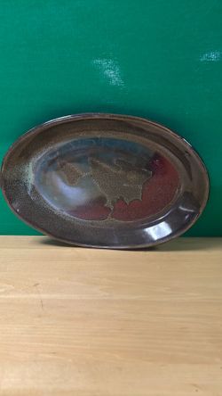 Studio Pottery Ceramic Oval Platter - Blue, Red, & Brown Glaze