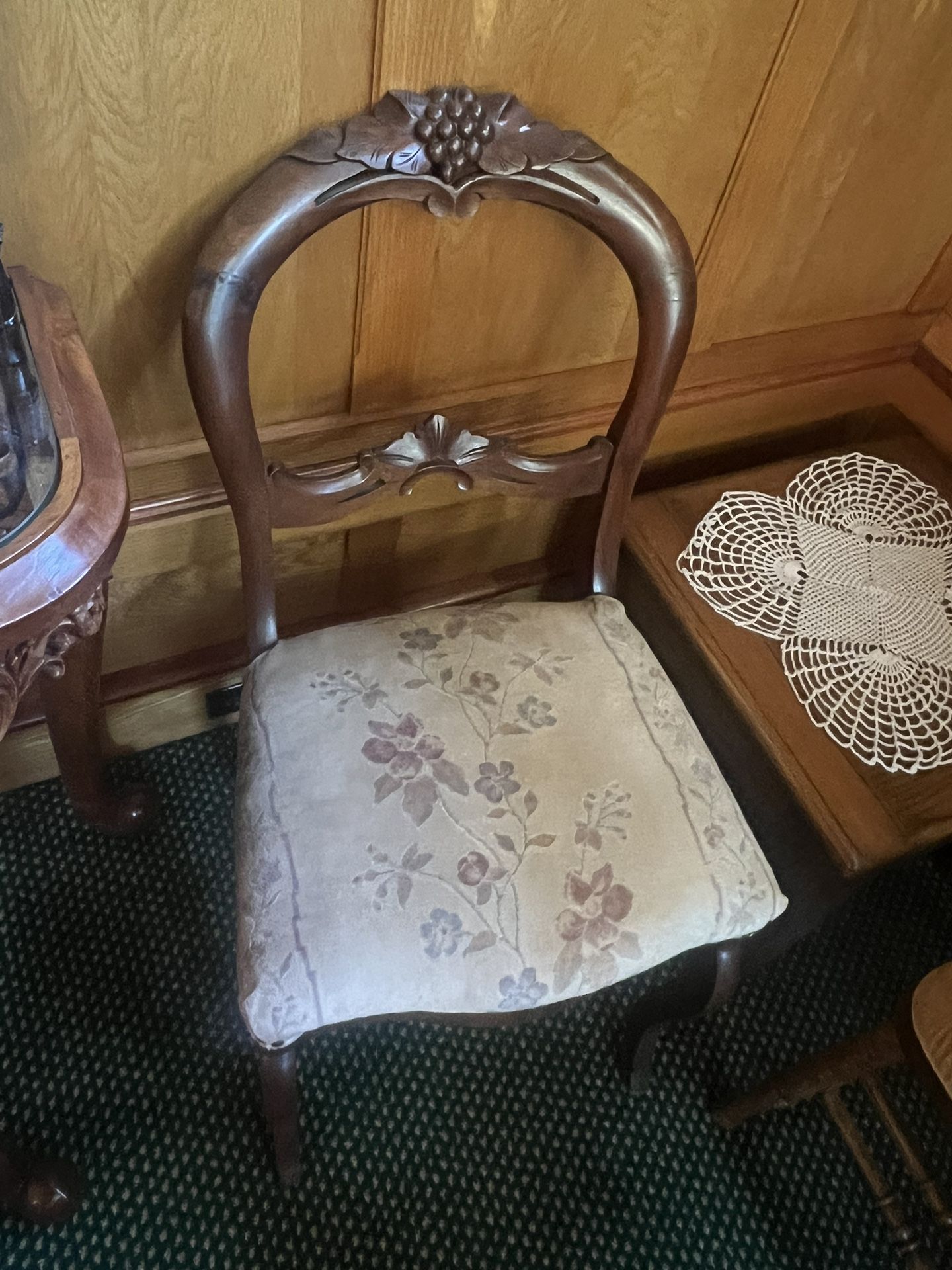Victorian Antique Carved Walnut Farmhouse Desk Chair, Grape Needlepoint 