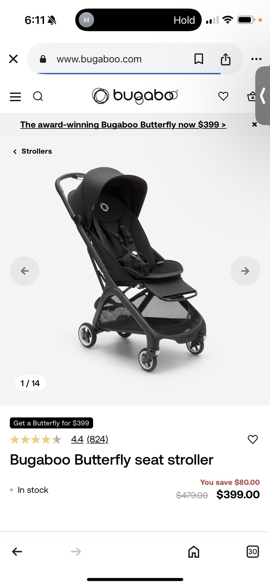 Bugaboo Butterfly seat Stroller Black/ New Open Box
