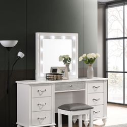 GLAM 7-DRAWER VANITY DESK LED LIGHT HOLLYWOOD MIRROR WHITE FINISH SET