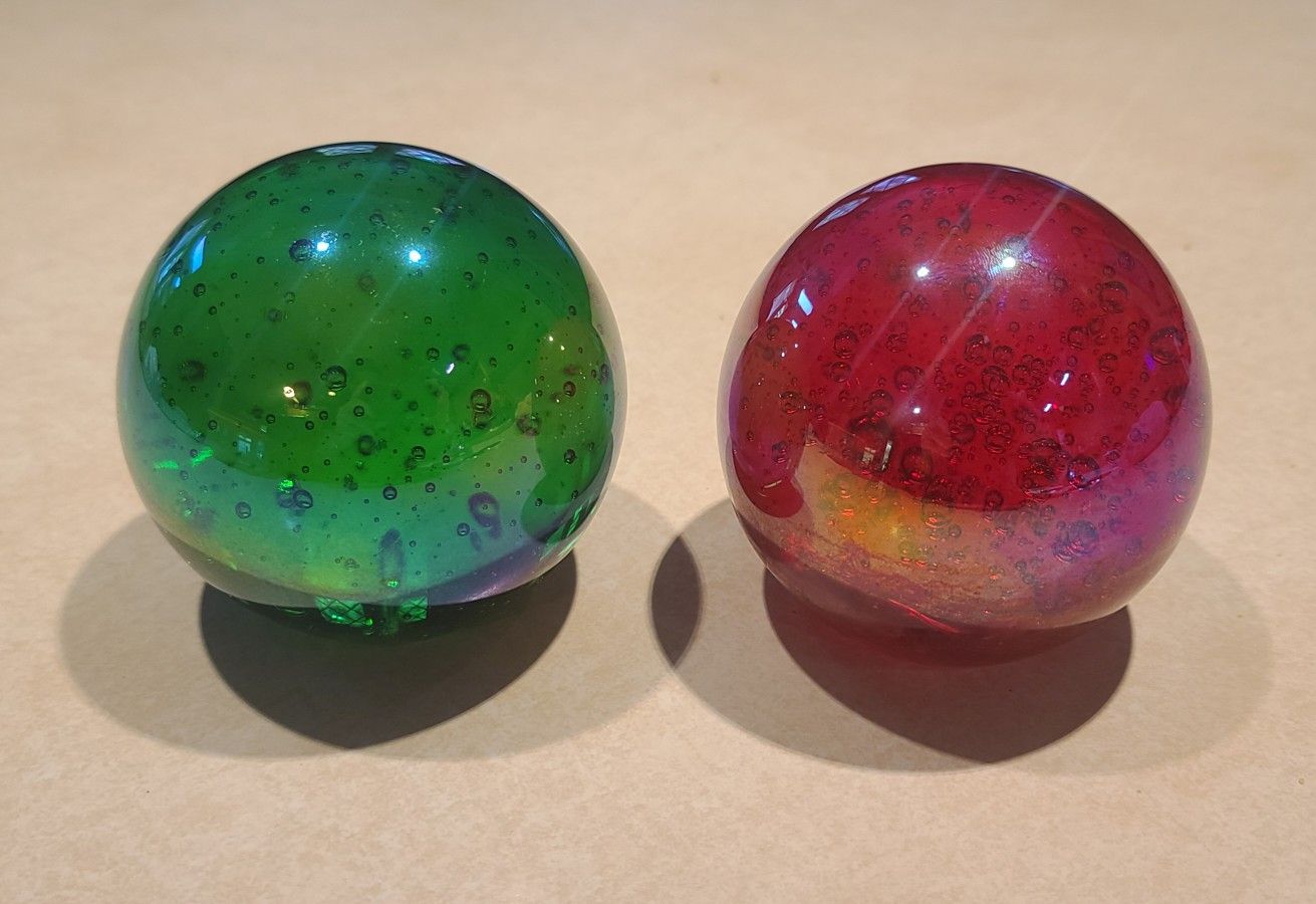 2 Beautiful Vintage Colored Glass Paperweights With Controlled Bubbles 