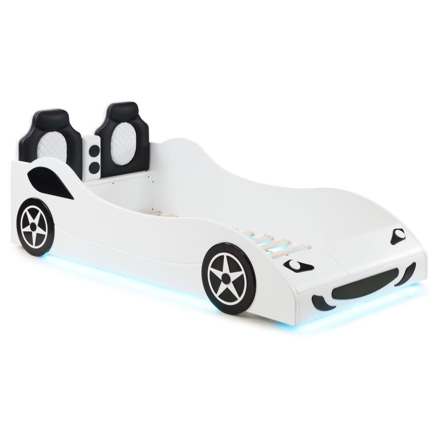 Wood Twin LED Race Car Bed White