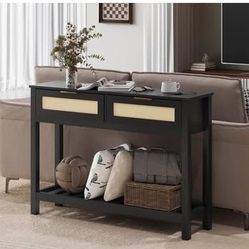 Newly in box Console Tables with 2 Drawer Rattan Entryway Table with Storage Shelf Wood