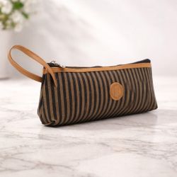 Fendi Promo Roma Vtg Striped Canvas Cosmetic Pouch Bag FF Logo Italy Parfum ROC