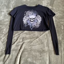 Black long sleeve crop top with skull design