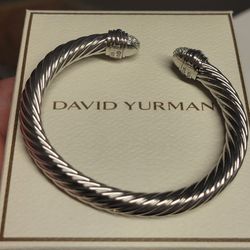 David Yurman Diamond Cable Cuff Bangle Bracelet DY 925 STERLING SILVER 