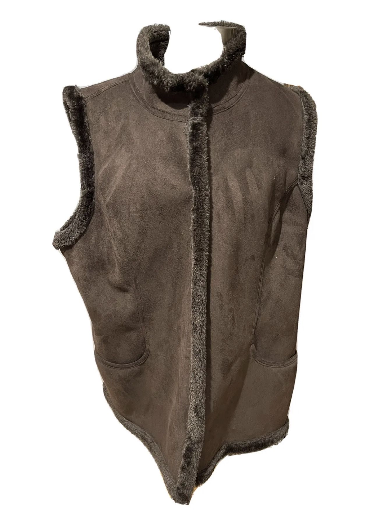 Denim & Company Woman's XL Faux Fur Lined & Trim Brown Suede Snap Front Vest w/Pockets