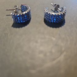 Macys Silver Plated Simulated Navy Blue Gemstone Half Hoop Earrings MRSP $135