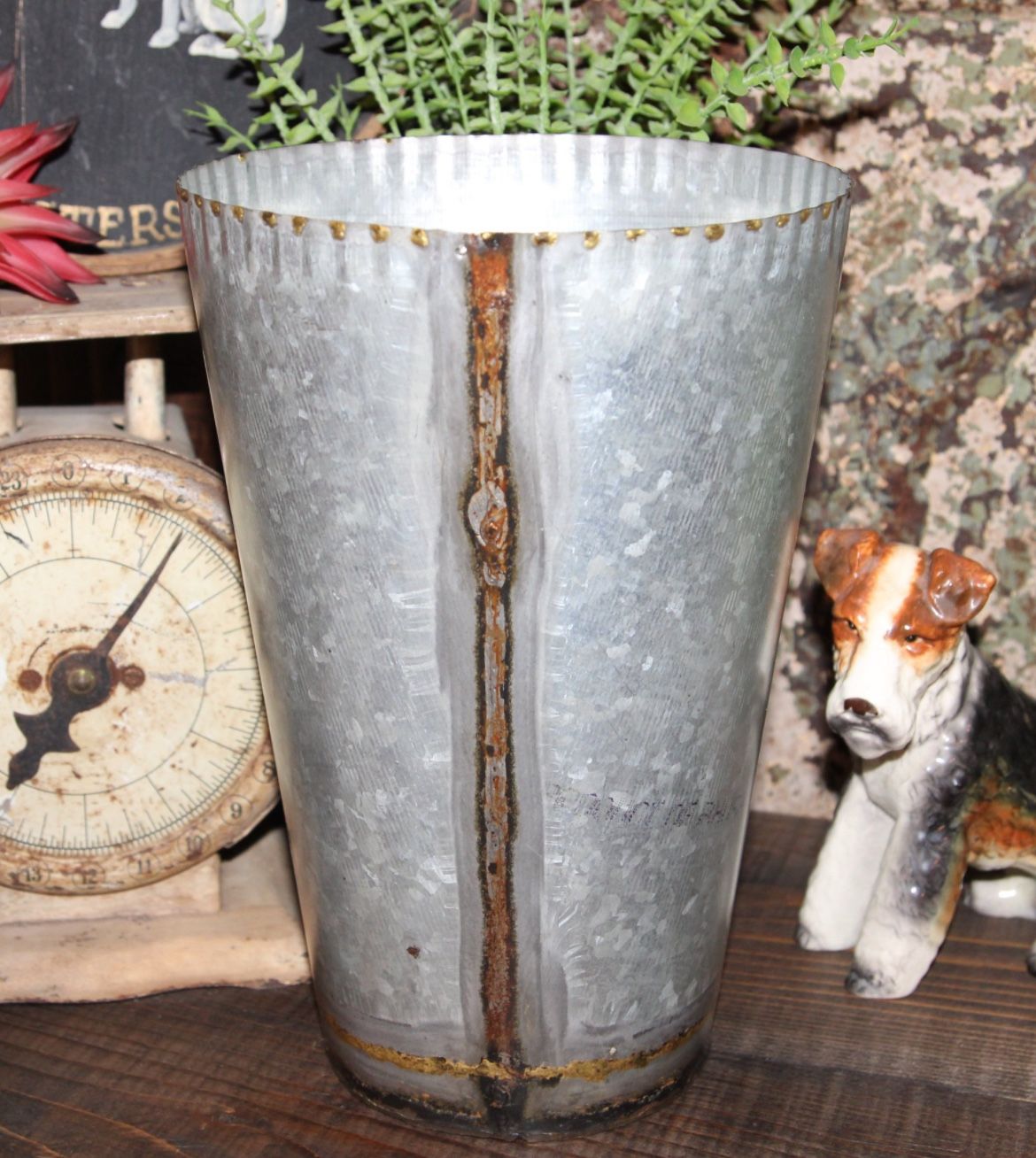 Large Galvanized Metal & Gold Industrial Farmhouse Flower Bucket Pail Vase