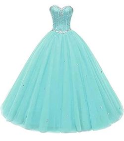 New Sweetheart Turquoise Ball Gown Tulle Rhinestone Quinceañera Prom Dress US size 4