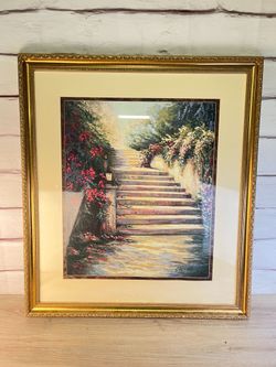 Crimson Garden British Landscape Steps Gold Framed Art Print C. Porter