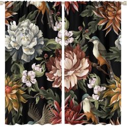 Vintage Floral Curtains Colorful Flowers Birds Green Leaves Black Retro Aesthetic Art Print for Living Room Bedroom Bathroom Decor Rod Pocket Blackout