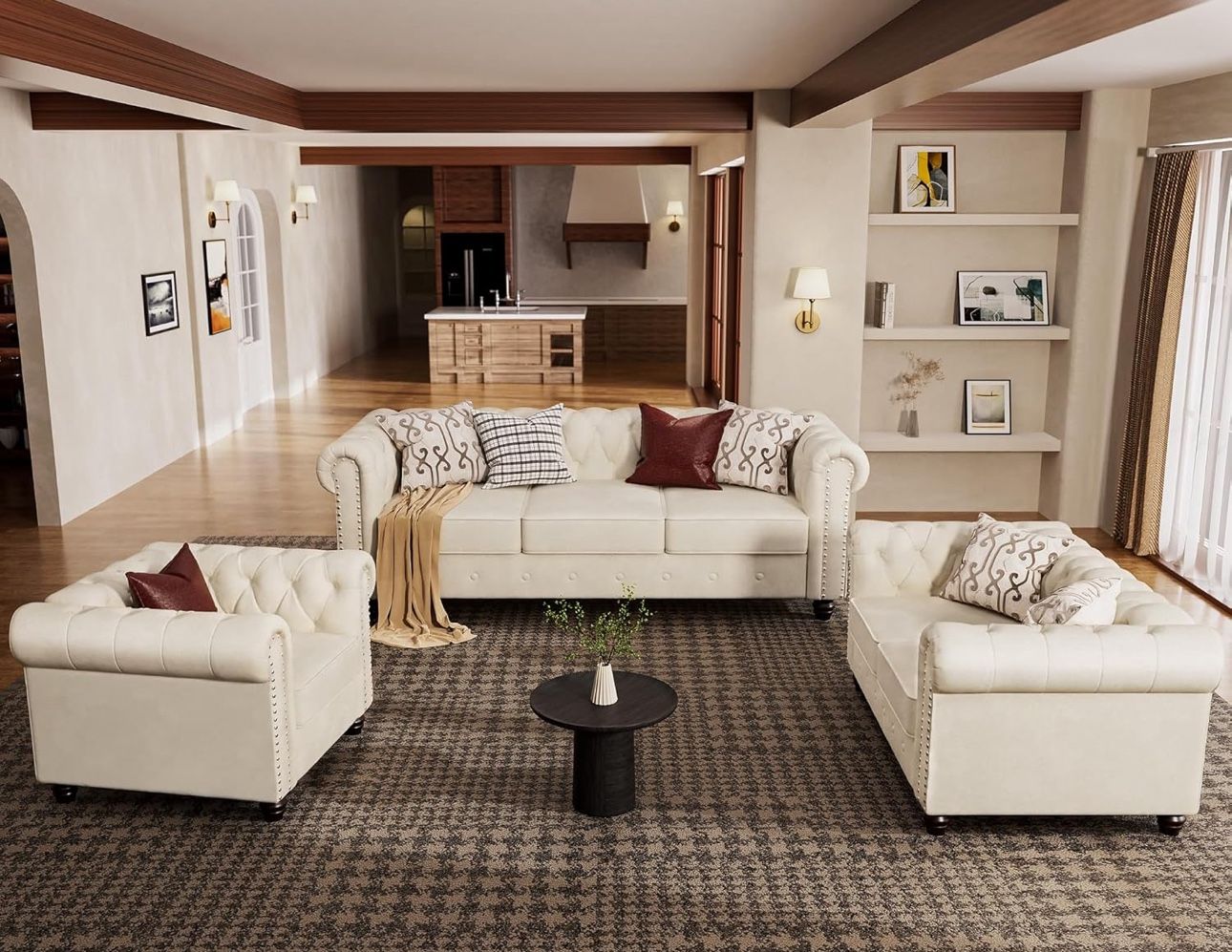 3 Piece Classic Chesterfield 6-Seater Set, Tufted Chair & Loveseat & Sofa Solid Wood Legs Thick Cushion, Pet-Friendly Couch Set Furniture for Living