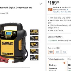 DEWALT 1600 Peak Amp Jump Starter with Digital Compressor and USB Power Bank.