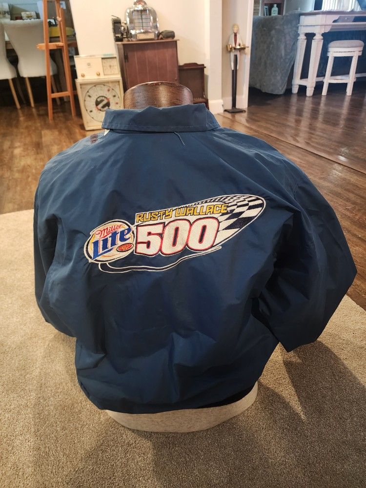 VINTAGE Rusty Wallace 500 Miller Lite Nascar Racing Jacket Size L DOUBLE SIDED.