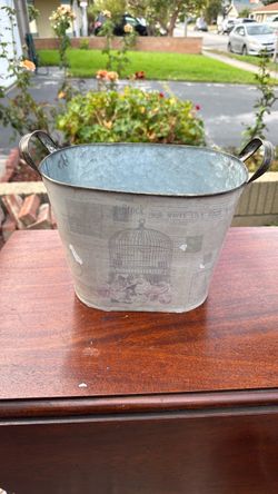 Galvanized Metal Bucket with Vintage Print