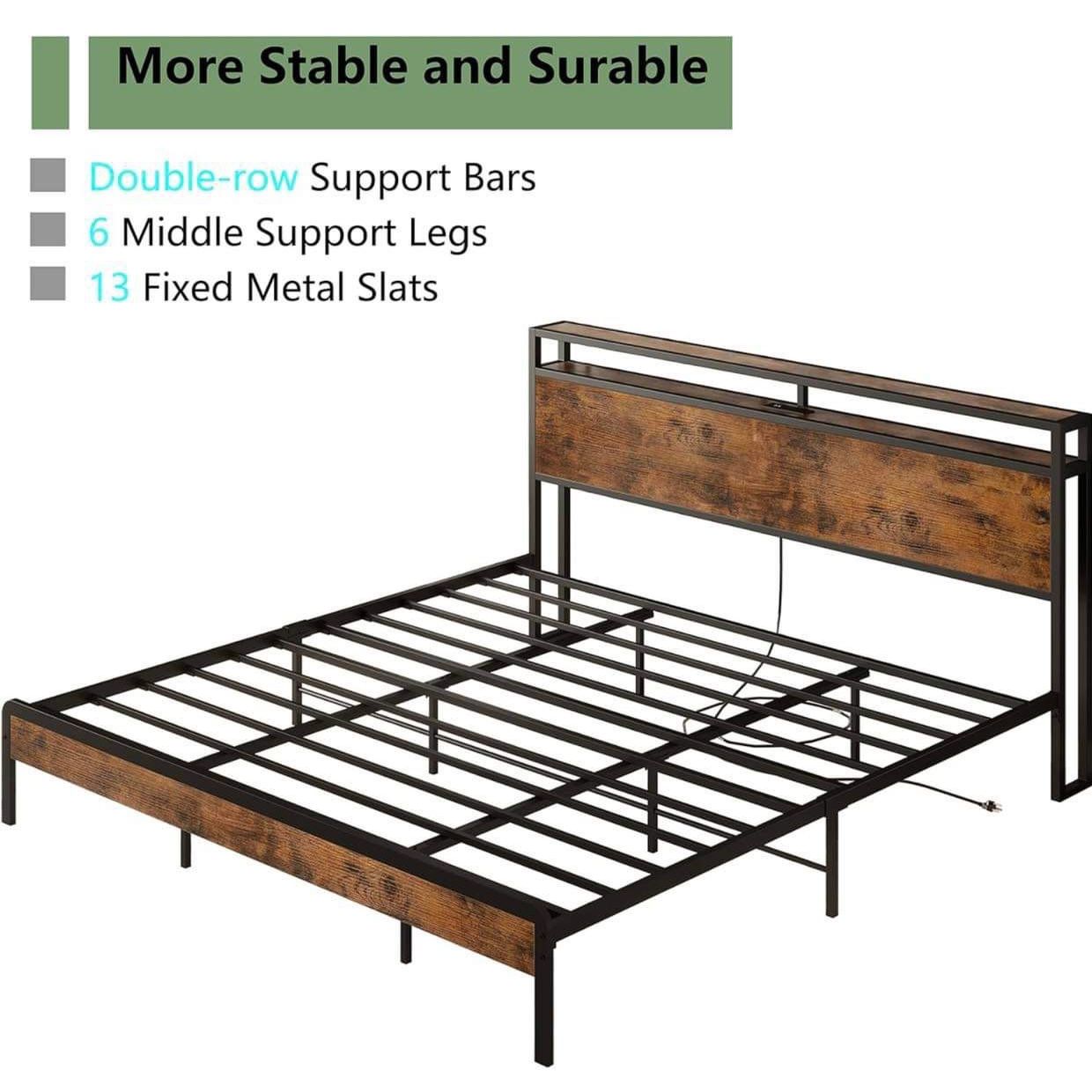 K111, King Size Bed Frame with Storage Headboard, Platform Bed with Charging Station, Solid and Stable, Noise Free, Easy Assembly, Vintage Brown 