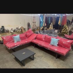 3 Piece 6 Seat Aluminum Frame Patio Conversation Set With Red Cushions 