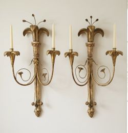 Pair MAC Sculpture Gold Floral Wall Candle Sconces Hollywood Regency 31"