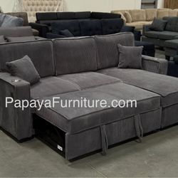 New! 89”L Reversible Grey corduroy Sectional Sofa Bed, Sectional Sofa Bed, Grey Sofa, Sleeper Sofa, Grey Couch, Reversible Sectional, Sectional Sofa W