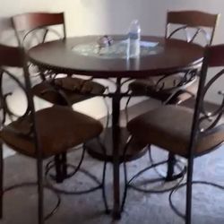Round High-Top Dining Table with 4 Bar Stools – Metal & Wood Set