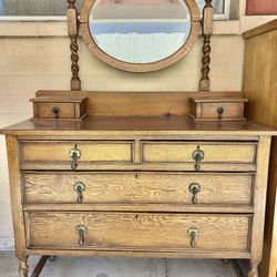 Antique Solid Oak Dresser Chest With Detachable Mirror