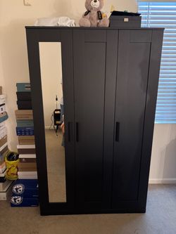 IKEA BRIMNES 3-Door Wardrobe — Black with Mirror Door