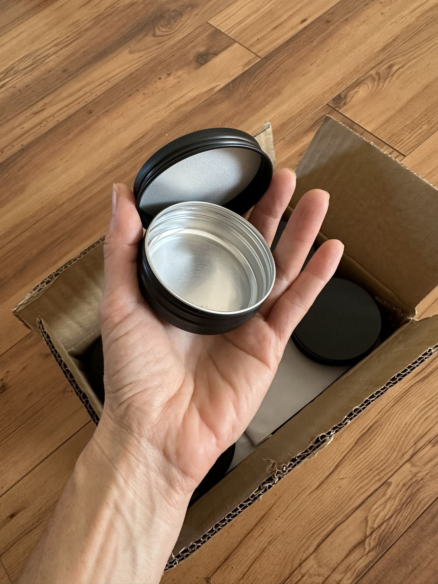 24 Pack 2 oz Round Black Tin Containers with Slip-on Lids - Aluminum Tin Cans