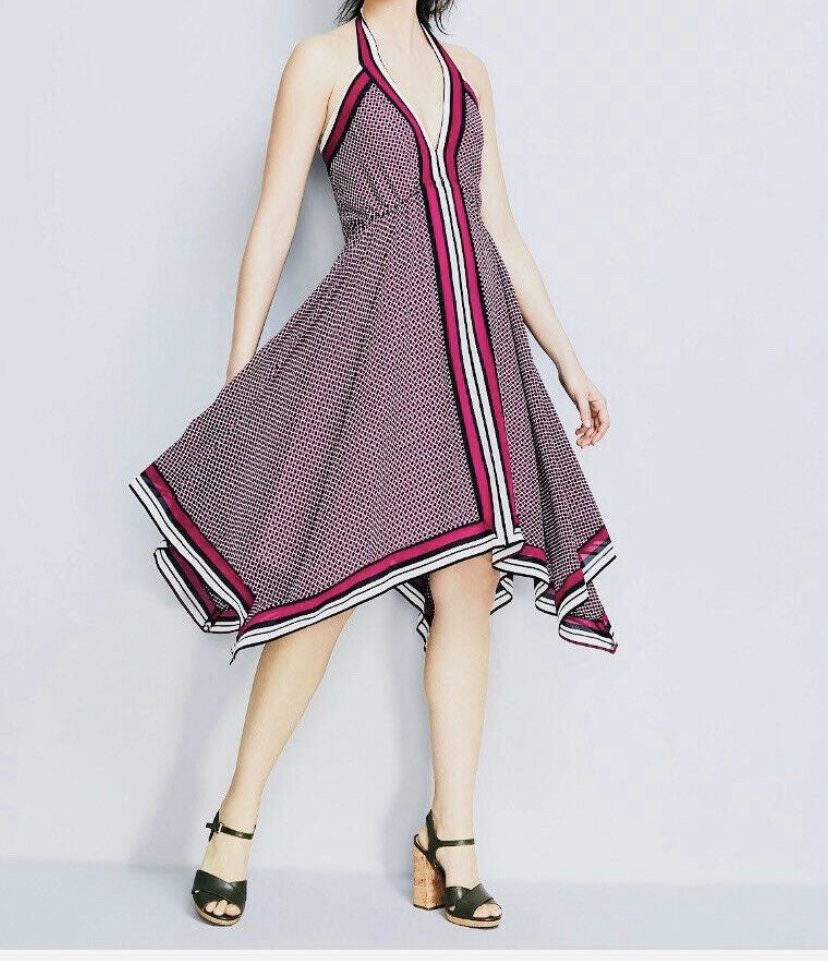 Retail$ 155. MICHAEL KORS Printed Asymmetrical-hem Halter Maroon Small DRESS. NWT!
