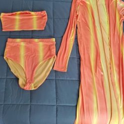 New Never Used Size Medium 3 Piece Neon Orange & Yellow Bathing Suit Bikini