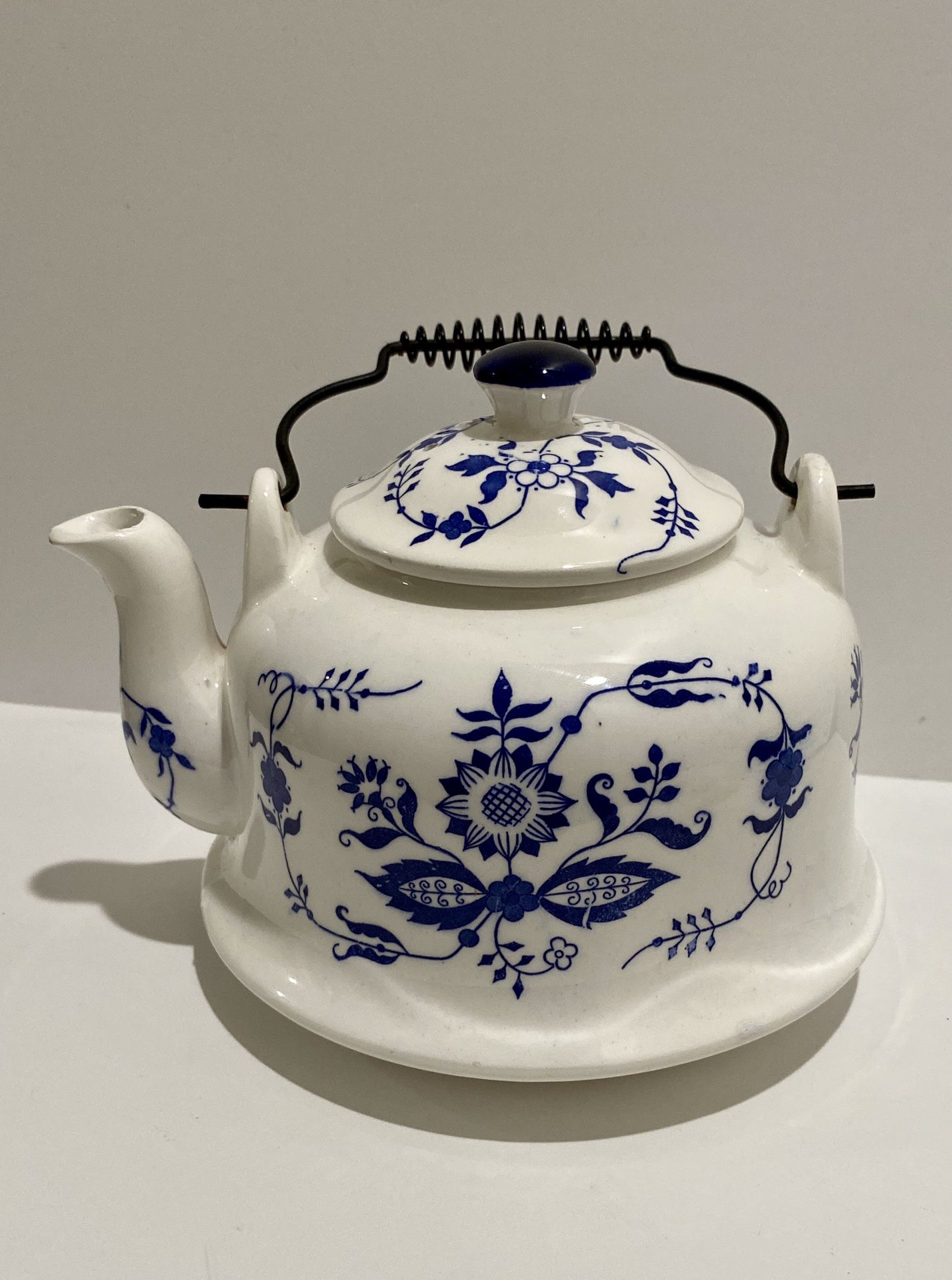 Vintage Cobalt Kettle Blue Onion Pattern Tea Pot with Metal Handle - Japan 