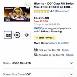 Hisense - 100" Class U8 Series MiniLED QLED UHD 4K HDR Smart Google TV (2024)