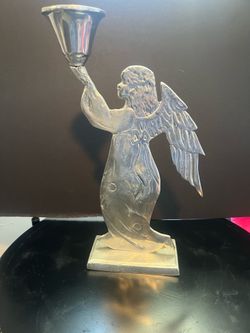 VTG Hand forged cast aluminum angel candle holder, 13” Ht