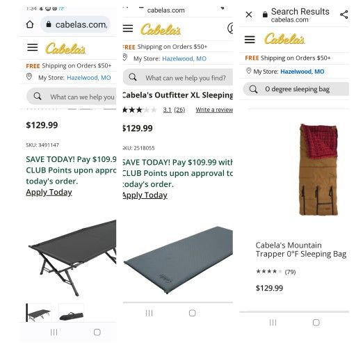 Cabelas XL camping Cots, XL Sleeping PADS