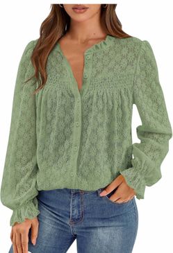 PRETTYGARDEN Lace Long Sleeve Shirts Casual Button Down Going Out Tops Hollow Out Eyelet Blouses 2026 Spring Fashion Clothing(Grass Green, Medium) (Gr