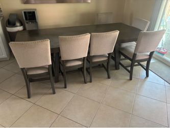 Grey Dining Table Set – Table + 6 Chairs + Bench