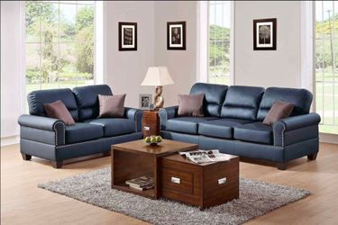 Navy Blue Leather Sofa and Loveseat Set