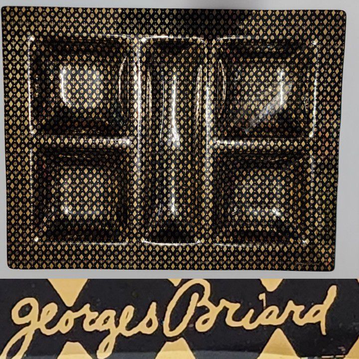 MCM, Rare Georges Briard Signed Black Gold Diamond 15x19 5 section Glass Serving Tray