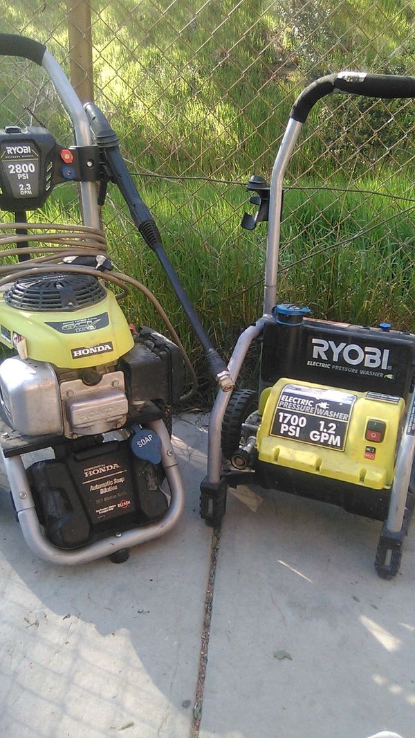 Gas powered Ryobi pressure washer and electric powered Ryobi pressure