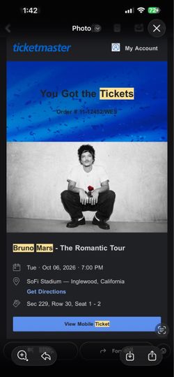 concert tickets bruno mars section-- 229 row 30 seat 1 and 2