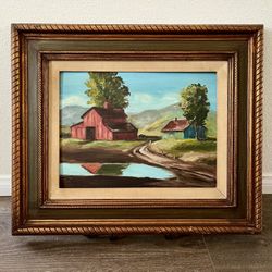 Vintage oil paintings original Duplicating A Rural Landscape With Barns 1940s